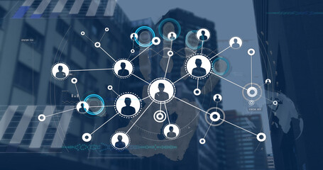 Image of profile icons connecting dots, data with graph, globe, fingerprints against buildings