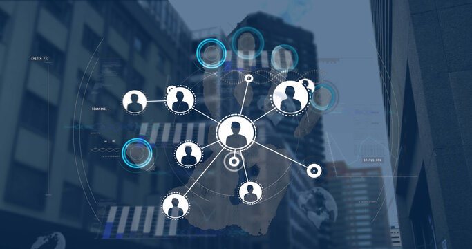 Image of profile icons connecting dots, data with graph, globe, fingerprints against buildings