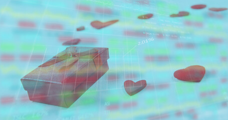 Image of gift box and heart shapes over moving graphs and trading board
