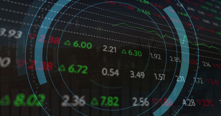 Image of scope scanning with computer icon over stock market on black background