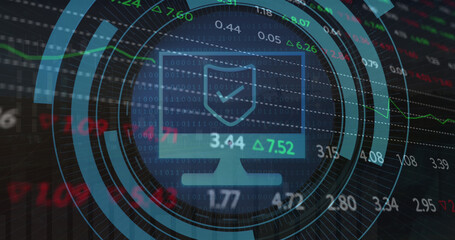 Image of scope scanning with computer icon over stock market on black background