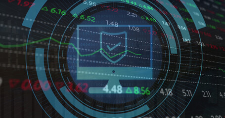 Image of scope scanning with computer icon over stock market on black background