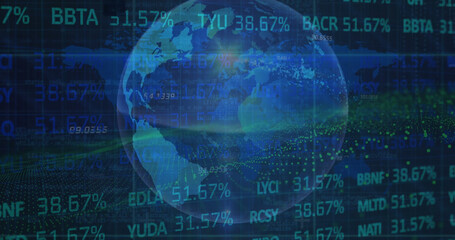 Fototapeta premium Image of lens flare, trading board, map and rotating globe over abstract background