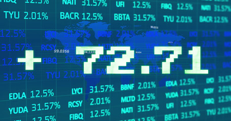 Fototapeta premium Image of addition symbol with numbers and trading board against map over blue background