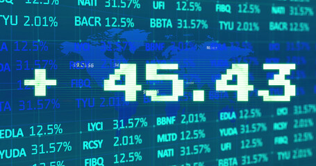 Image of addition symbol with numbers and trading board against map over blue background