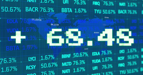 Obraz premium Image of addition symbol with numbers and trading board against map over blue background