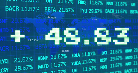 Obraz premium Image of addition symbol with numbers and trading board against map over blue background