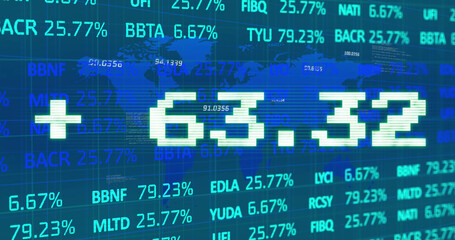 Image of addition symbol with numbers and trading board against map over blue background