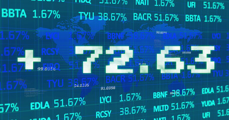 Obraz premium Image of addition symbol with numbers and trading board against map over blue background