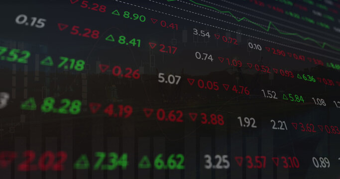 Image of scope scanning with computer icon over stock market on black background