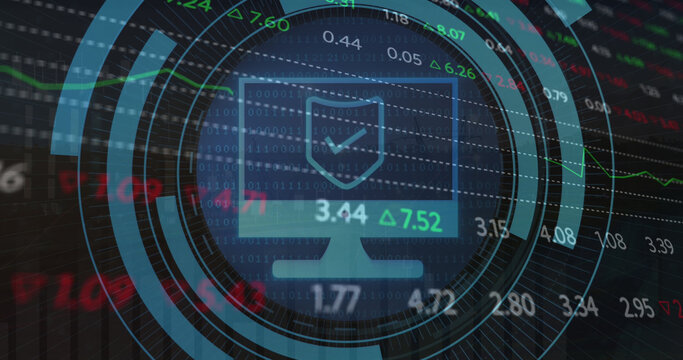 Image of scope scanning with computer icon over stock market on black background - Powered by Adobe
