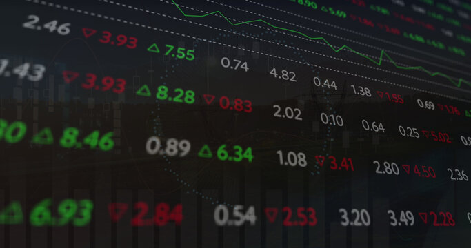 Image of scope scanning with computer icon over stock market on black background