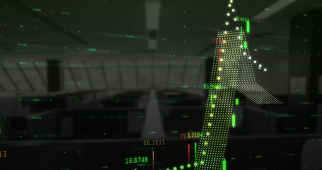 Financial data processing over world map against empty office in background