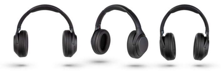 Headphones isolate on white. Wireless headphones in black, high quality, isolated on a white background, for advertising or product catalog. Set of headphones from different angles.