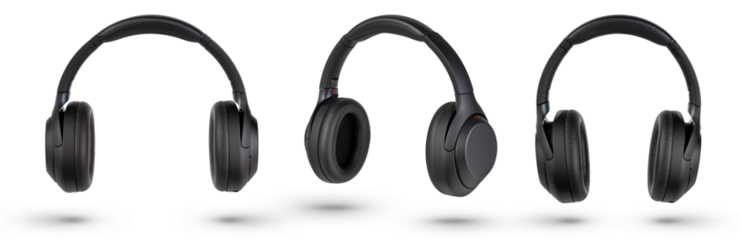 Headphones isolate on white. Wireless headphones in black, high quality, isolated on a white background, for advertising or product catalog. Set of headphones from different angles.