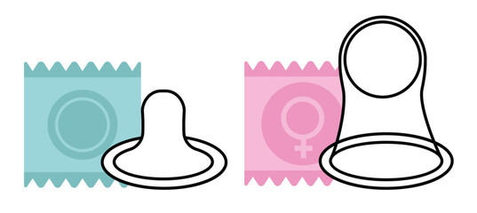 illustration of condoms, female condom, male condom, birth control, contraceptive method, protection, condom icons, vector female condom icon, vector male condom icon