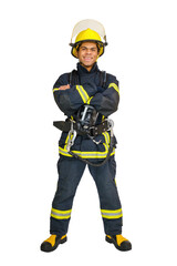 Full body young smiling African American fireman with crossed arms wearing yellow helmet and fireproof uniform, isolated on white background