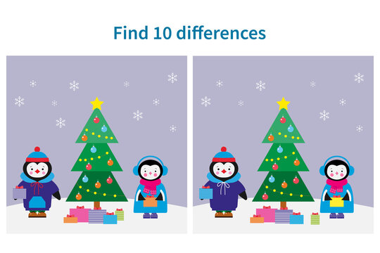 Educational game for kids. Find 10 differences in the pictures. Cute penguins near the Christmas tree.