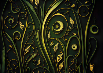 Luxury swirling grass on dark background, beautiful leaves and grasses moving elegantly, illustration, digital