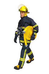 Full body young African American fireman in a fireproof uniform goes away in profile with fire hose in his hand. Isolated on white, vertical orientation
