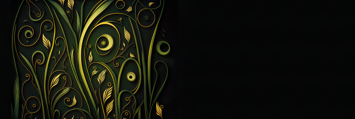 Place for your exquisit banner, space for text, Luxury swirling grass on dark background, beautiful leaves and grasses moving elegantly, illustration, digital