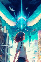 Obraz na płótnie Canvas Young anime girl standing in futuristic city with alien birds
