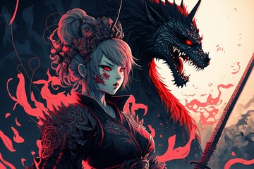 Chinese princess with sword and dragon digital illustration