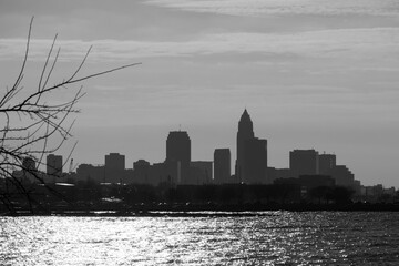 Black and white picture of Cleveland from afar.