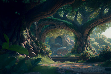 Big old tree in the park, magical glow. Beautiful forest fantasy landscape. Unreal world.