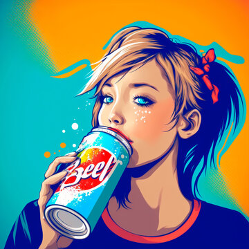 Girl drinks from a can in pop art style. High quality illustration