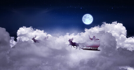 Fototapeta na wymiar Image of christmas santa claus in sleigh with reindeer over clouds and full moon