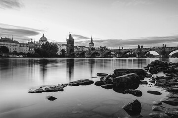 Charles Bridge in Prague in the morning. Europe cities. Black and White. Prague. Long exposure.