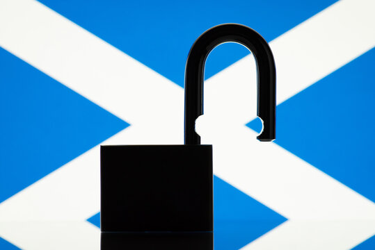 Flag Of Scotland Behind Open Lock Silhouette. Concept Of Freedom, End Of Restrictions, Bans, Open Scotland - Part Of GB