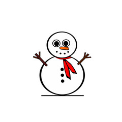 Snowman illustration with carrot nose, eye and black mouth with red scarf and brown stick arm.