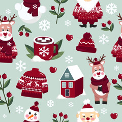 Seamless pattern with christmas elements with Santa Claus, Deer, Snowman, christmas tree, Hot chocolate, scandinavian houses, christmas sweather, beanie hat