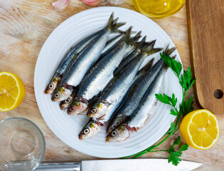 Raw gutted sardines, fresh green parsley, garlic and lemon prepared for roasting lying on plate. Home cooking concept