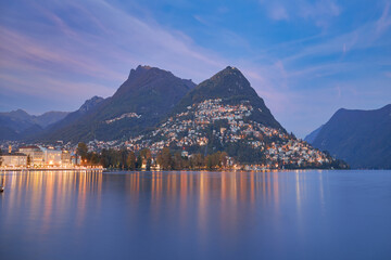 Night view on Lake Lugano in Switzerland.