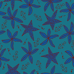 Green background and blue coloured star fish seamless pattern background. Perfect for fabric, scrapbooking, quilting, wallpaper and many more projects.