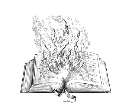 Burning open vintage book hand drawn sketch Vector illustration