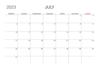 Monthly planner. Horizontal monthly calendar. Simple, minimalist design.