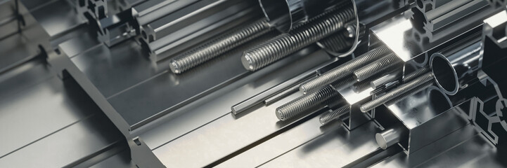 close-up rendering of shiny steel and aluminium profiles and metalware for construction and...
