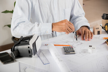 Architect workplace. Architectural building design and construction plans with blueprints paper...