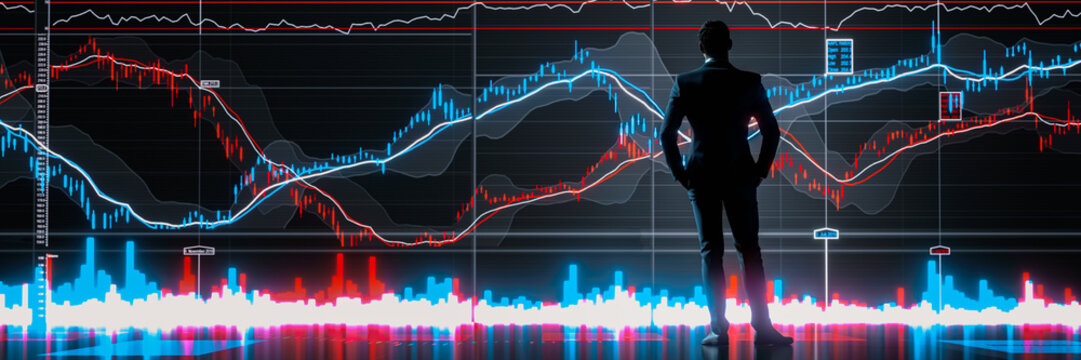3d rendering or illustration of business man silhouette in front of diagramm and chart showing stock market with risk and possibility