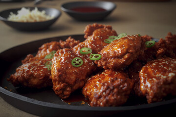 Fototapeta premium illustration of Korean deep fried chicken with sweet and spicy sauce
