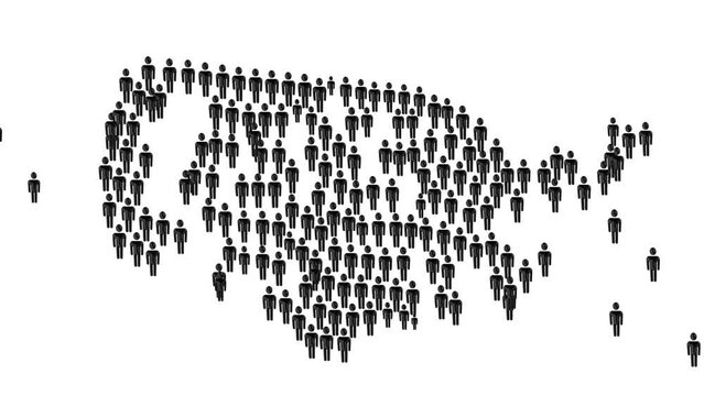 US People Map Concept. Large Crowd of Icon Forming Country Symbol on white background. United States Inhabitants in USA Map, Population Statistics and American Community . 3D Animation	