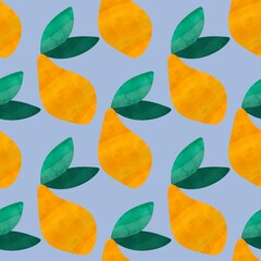 Summer fruit seamless yellow mango watercolor paint green leaves pattern for wrapping paper and fabrics