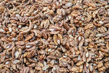Walnuts for sale in street market. Walnut kernels, close up.