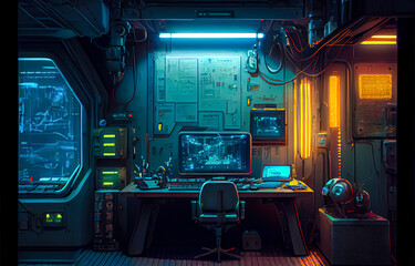 futuristic guy room in cyberpunk dystopia, digital art