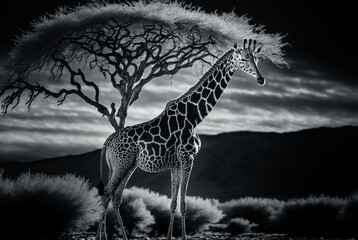 Close up shot of giraffe head. Giraffe on the background of the savannah. digital art  - obrazy, fototapety, plakaty