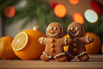 Fototapeta premium Adorable Christmas Gingerbread Men and Decorative Oranges created by Generative AI
